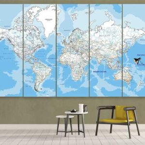 Detailed Map Of Rivers And Lakes - World Map 5 Panel Canvas Art Wall Decor