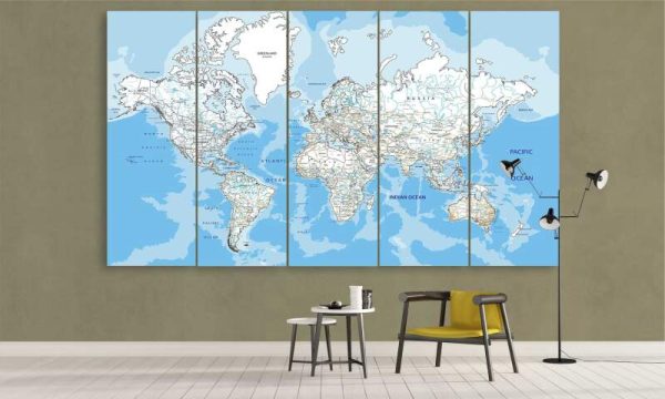 Detailed Map Of Rivers And Lakes - World Map 5 Panel Canvas Art Wall Decor