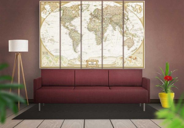 Detailed World Map - World Map 5 Panel Canvas Art Wall Decor