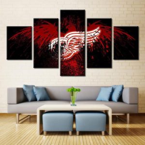 Detroit Red Wings Black Logo Ice Hockey - 5 Panel Canvas Art Wall Decor