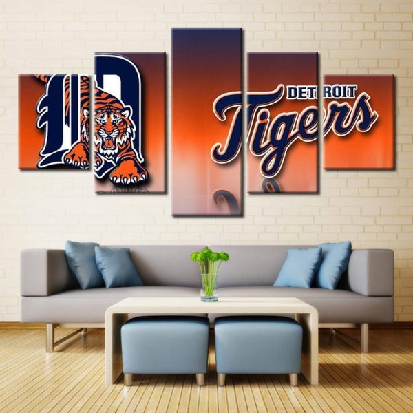 Detroit Tigers Sports Team Orange Background - Sport 5 Panel Canvas Art Wall Decor