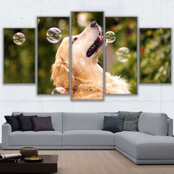 Dog Playing With Bubbles - Animal 5 Panel Canvas Art Wall Decor