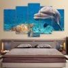 Dolphin And Green Sea Turtle - Animal 5 Panel Canvas Art Wall Decor