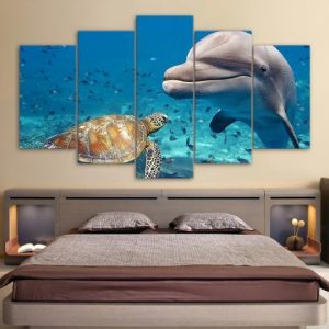 Dolphin And Green Sea Turtle - Animal 5 Panel Canvas Art Wall Decor