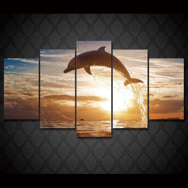 Dolphin Ocean Seascape 1 - Animal 5 Panel Canvas Art Wall Decor