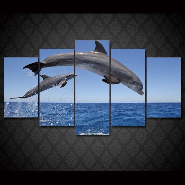 Dolphin Ocean Seascape 2 - Animal 5 Panel Canvas Art Wall Decor