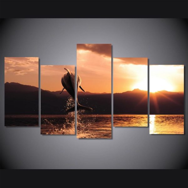 Dolphin Sunset Seascape - Animal 5 Panel Canvas Art Wall Decor