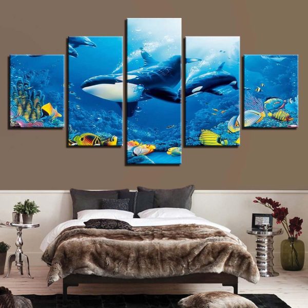 Dolphins 15 - Animal 5 Panel Canvas Art Wall Decor