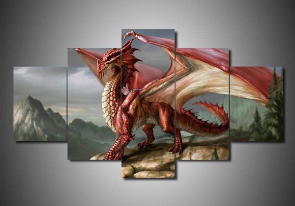 Dragon 3 Abstract Animal - 5 Panel Canvas Art Wall Decor