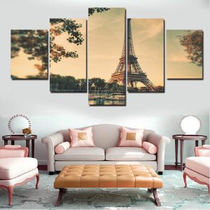 Eiffel Tower At Sunset Sky - Nature 5 Panel Canvas Art Wall Decor