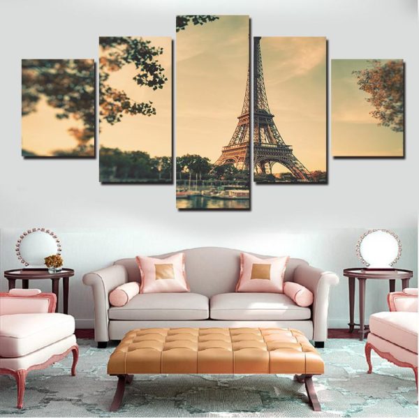 Eiffel Tower At Sunset Sky - Nature 5 Panel Canvas Art Wall Decor