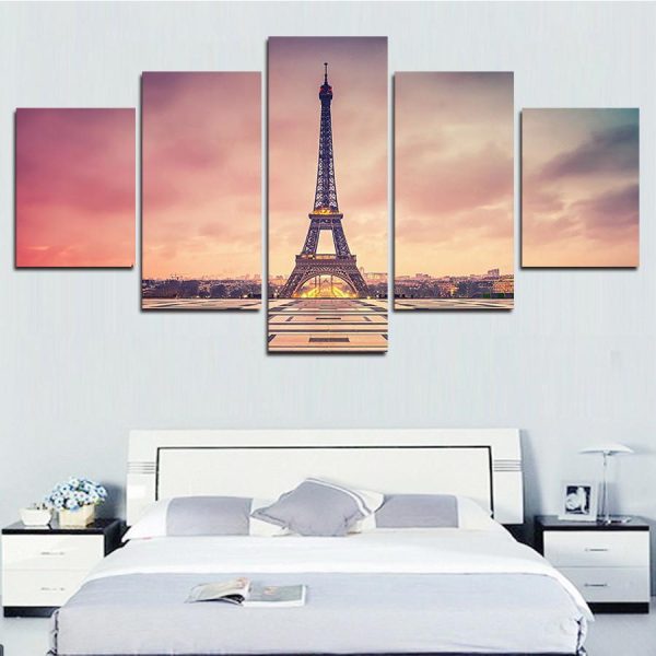 Eiffel Tower In Pinkish - Nature 5 Panel Canvas Art Wall Decor