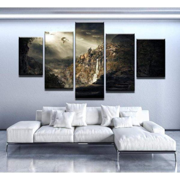 Elder Scrolls Scenery And Dragon - Movie 5 Panel Canvas Art Wall Decor