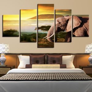 Elephant And Tree Island - Animal 5 Panel Canvas Art Wall Decor