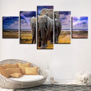 Elephant Family 5 - Animal 5 Panel Canvas Art Wall Decor