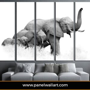 Elephant Family In The Wild - Animal 5 Panel Canvas Art Wall Decor