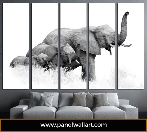 Elephant Family In The Wild - Animal 5 Panel Canvas Art Wall Decor