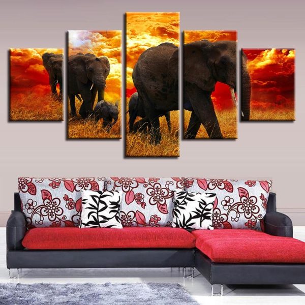 Elephant Family Sunset 2 - Animal 5 Panel Canvas Art Wall Decor