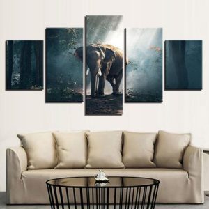 Elephant In The Forest - Animal 5 Panel Canvas Art Wall Decor