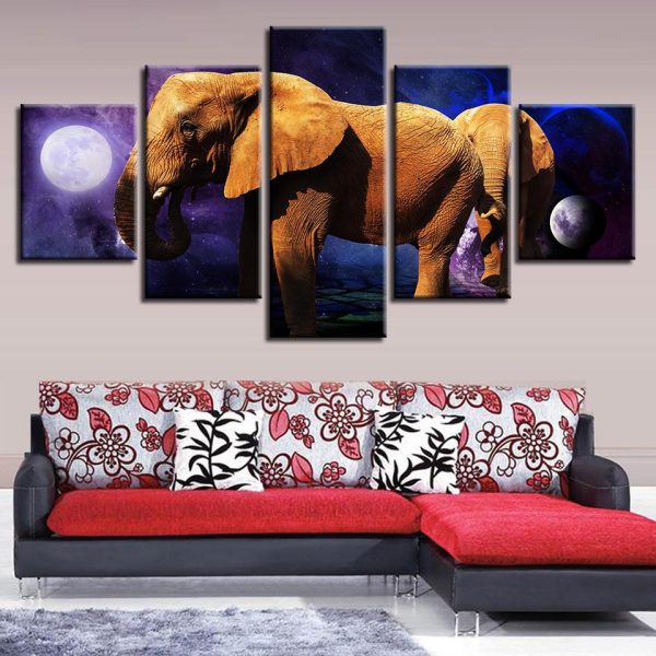 Elephant Moon - Animal 5 Panel Canvas Art Wall Decor