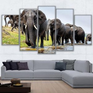 Elephant Parade 1 - Animal 5 Panel Canvas Art Wall Decor