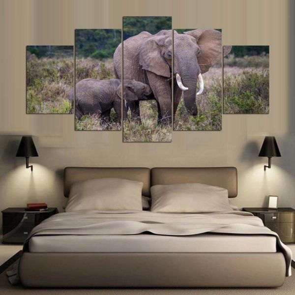 Elephant Tree Landscape - Animal 5 Panel Canvas Art Wall Decor