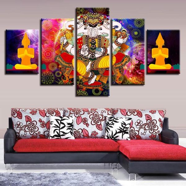 Elephant Trunk God Ganesha And Buddha Meditation - Religion 5 Panel Canvas Art Wall Decor