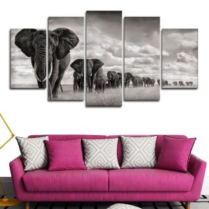 Elephant Walking On The Grassland - Animal 5 Panel Canvas Art Wall Decor