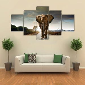 Elephant Walking - Animal 5 Panel Canvas Art Wall Decor