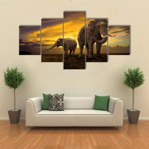 Elephants Family On Sunset - Animal 5 Panel Canvas Art Wall Decor