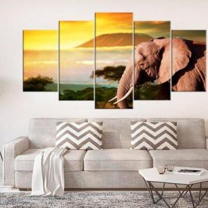 Elephants Of Kilimanjaro Large - Animal 5 Panel Canvas Art Wall Decor