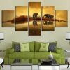 Elephants Unset Lake Landscape - Animal 5 Panel Canvas Art Wall Decor