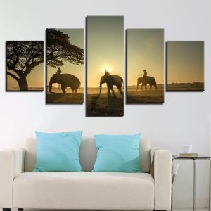 Elephants Unset Tree - Animal 5 Panel Canvas Art Wall Decor