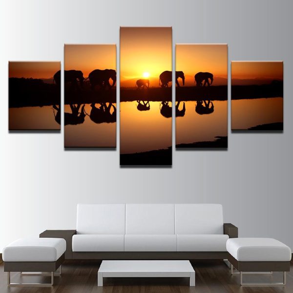 Elephants Unset - Animal 5 Panel Canvas Art Wall Decor