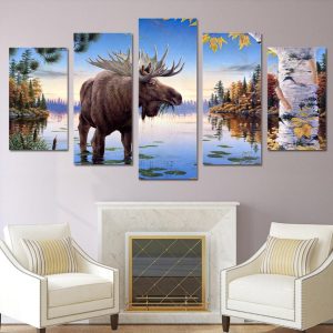 Elk Deer River Moose - Abstract Animal 5 Panel Canvas Art Wall Decor