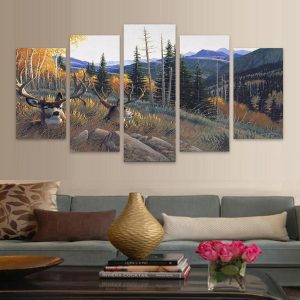 Elk Groups Autumn Animal Deer Fashion - Animal 5 Panel Canvas Art Wall Decor