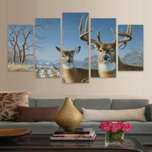 Elk In Forest Winter Fashion Deer - Animal 5 Panel Canvas Art Wall Decor