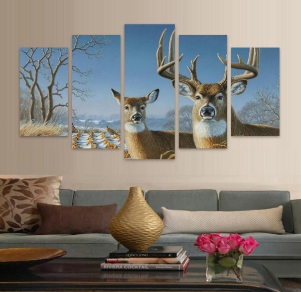 Elk In Forest Winter Fashion Deer - Animal 5 Panel Canvas Art Wall Decor