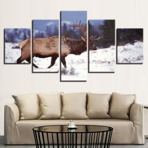 Elk Running In The Snow -Animal 5 Panel Canvas Art Wall Decor