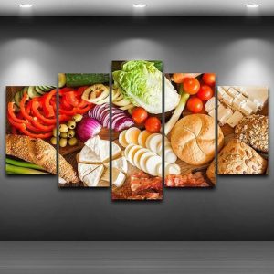 Farm To Table Spread Fresh Veggies Cheese Bread - Abstract 5 Panel Canvas Art Wall Decor