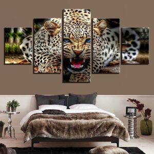 Ferocious Leopard - Animal 5 Panel Canvas Art Wall Decor