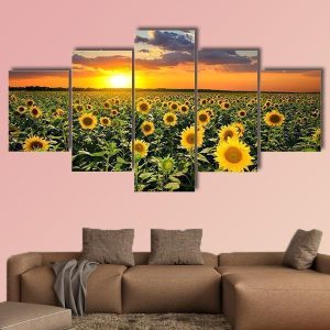 Field Of Blooming Sunflowers Nature - 5 Panel Canvas Art Wall Decor