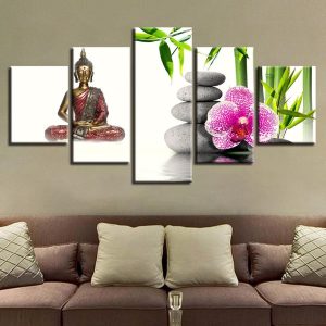 Figure Of Buddha Flowers Bamboo - Religion 5 Panel Canvas Art Wall Decor