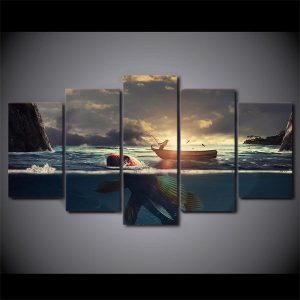 Fishing Boat At Sunset - Fishing 5 Panel Canvas Art Wall Decor