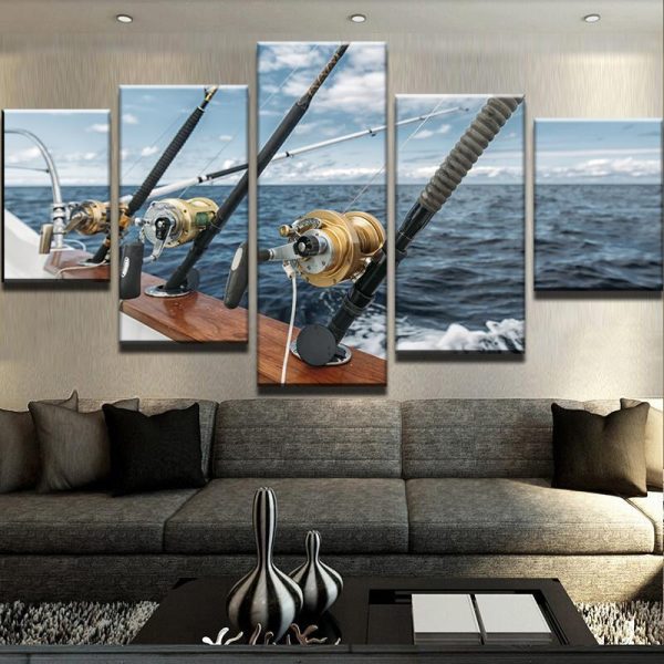 Fishing In The Sea 1 - Nature 5 Panel Canvas Art Wall Decor