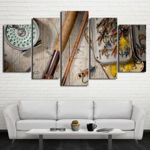 Fishing Rod Lures Hooks Modular - Fishing 5 Panel Canvas Art Wall Decor