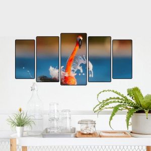 Flamingo In Water Design - Animal 5 Panel Canvas Art Wall Decor