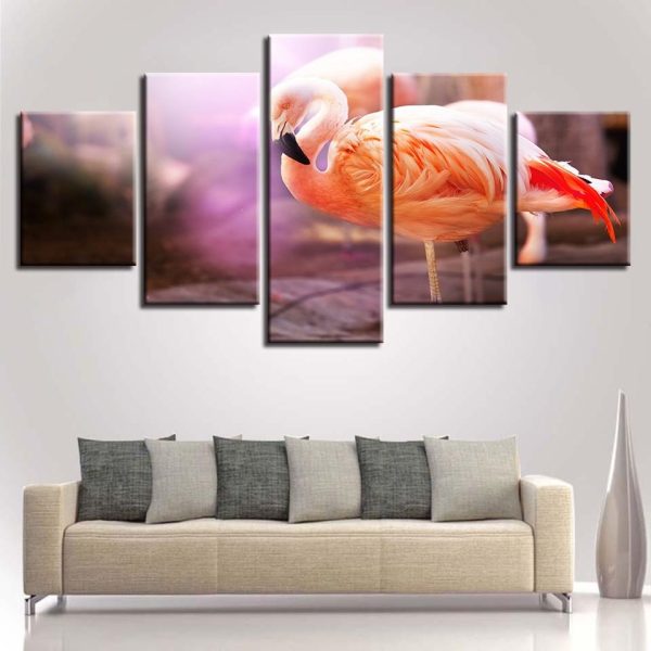 Flamingos 3 - Animal 5 Panel Canvas Art Wall Decor