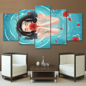 Floating Girl With Red Flower - Abstract 5 Panel Canvas Art Wall Decor