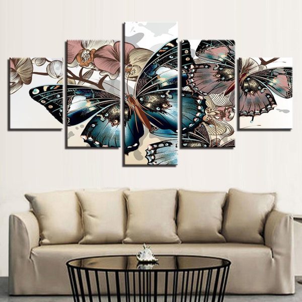 Flower Abstract Floral Butterflies - Abstract Animal 5 Panel Canvas Art Wall Decor